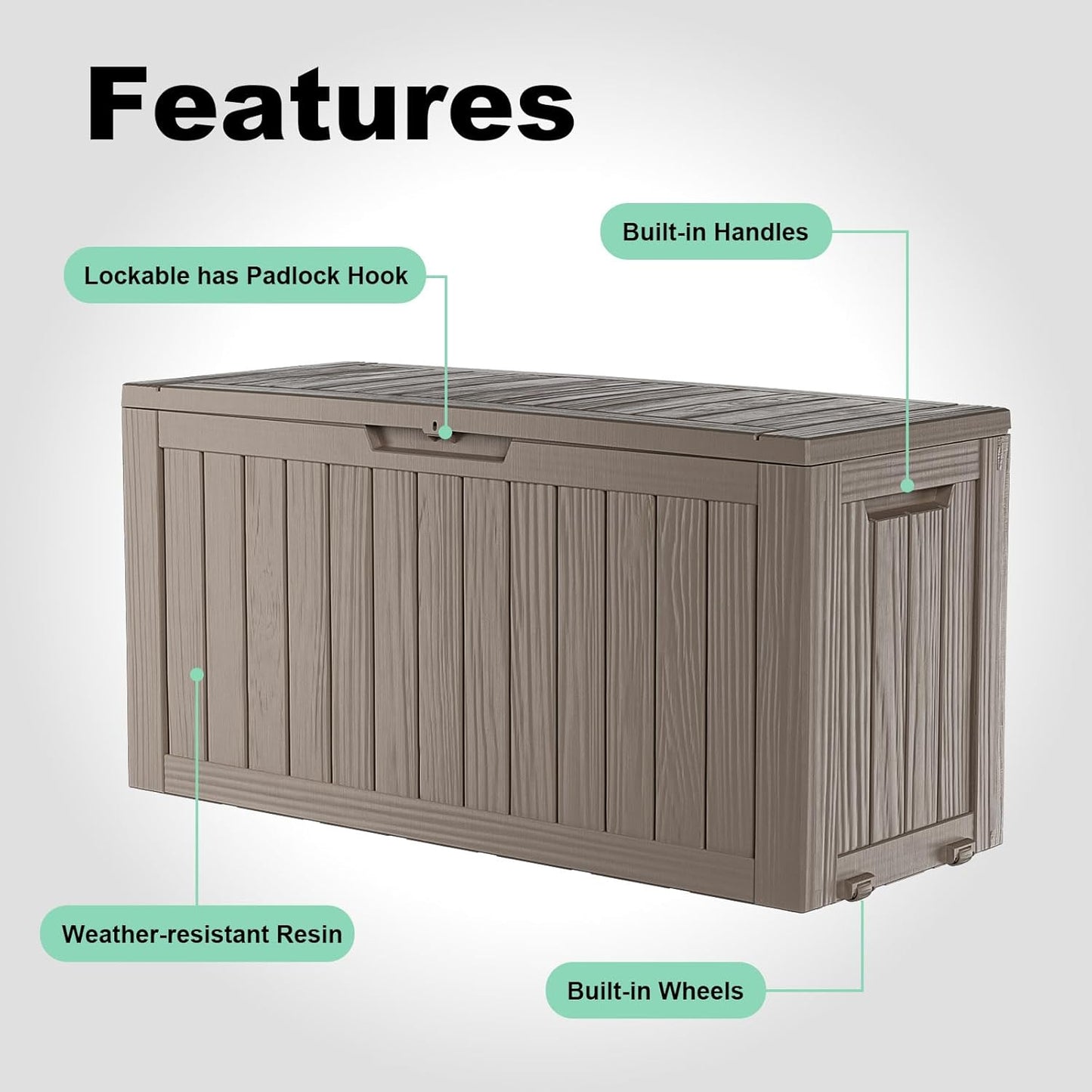 Skiennix 76 Gallon Outdoor Deck Box - Lockable Waterproof Storage for Garden Tools & Cushions | Grey