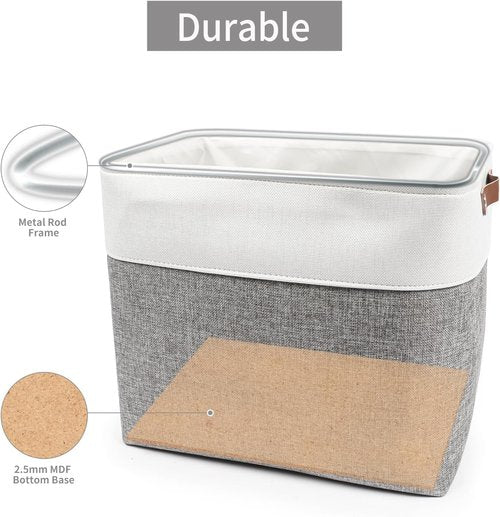 Bagnizer Large Fabric Storage Baskets - 50L Decorative Linen Bins with Handles for Home & Office | Grey & White, 17x12x15 Inches