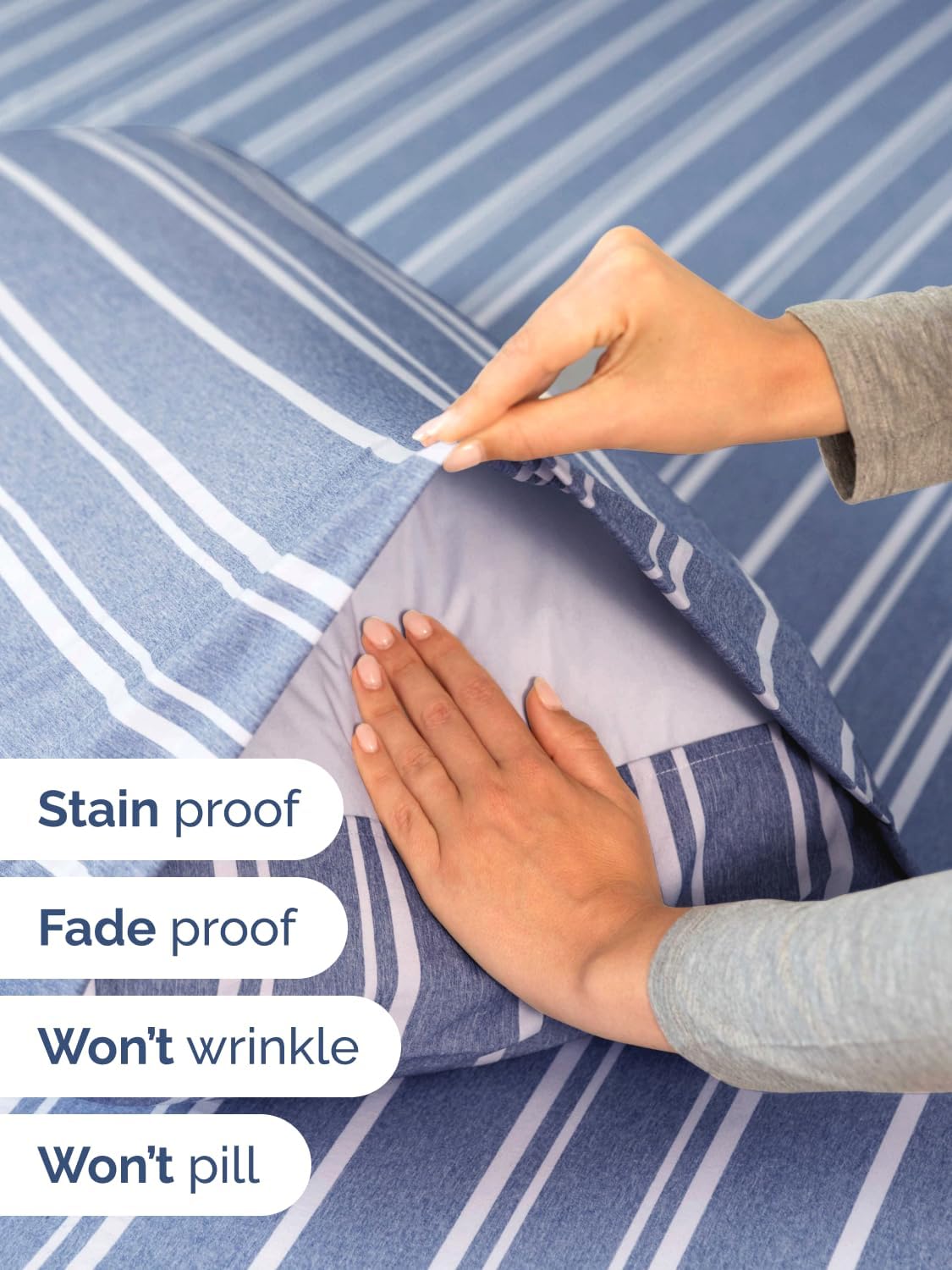 Skiennix Extra Deep Queen Sheet Set | 6-Piece Breathable Cooling Bedding - Soft, Wrinkle-Free - Blue Stripes