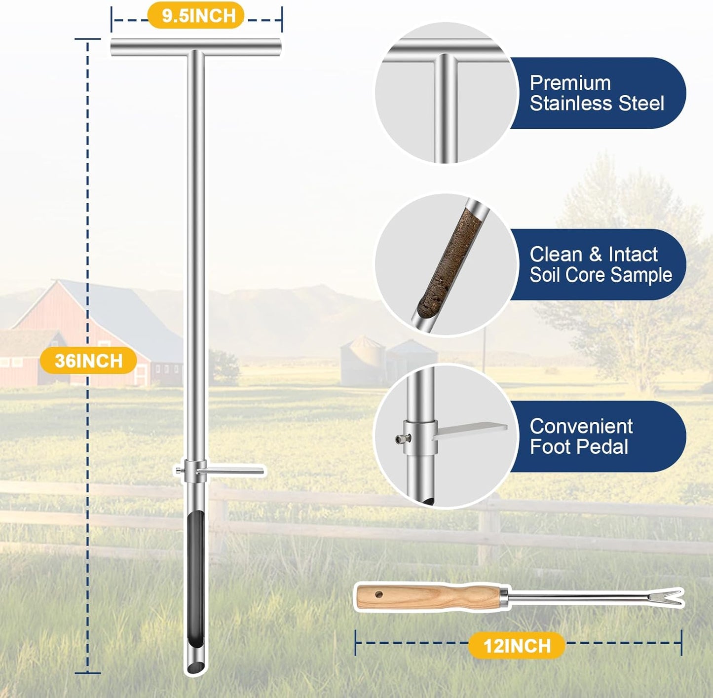 Regine Switzerland 36-Inch Soil Sampler Probe - Heavy-Duty Stainless Steel Core Tool for Lawn & Garden Testing