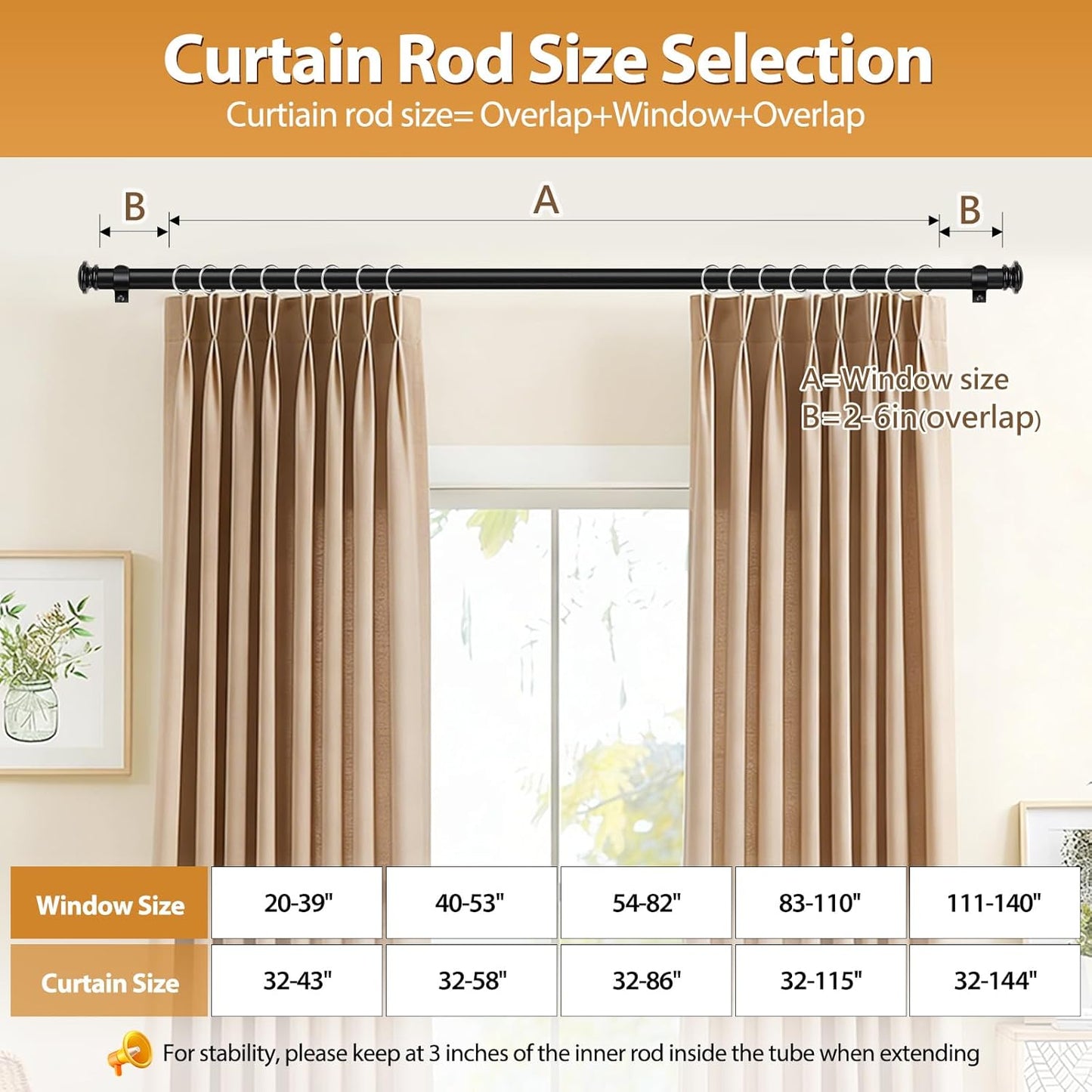 TONIAL Curtain Rod - Telescoping Drapery Rod for Windows 32 to 58 Inches - Elegant Black Finish