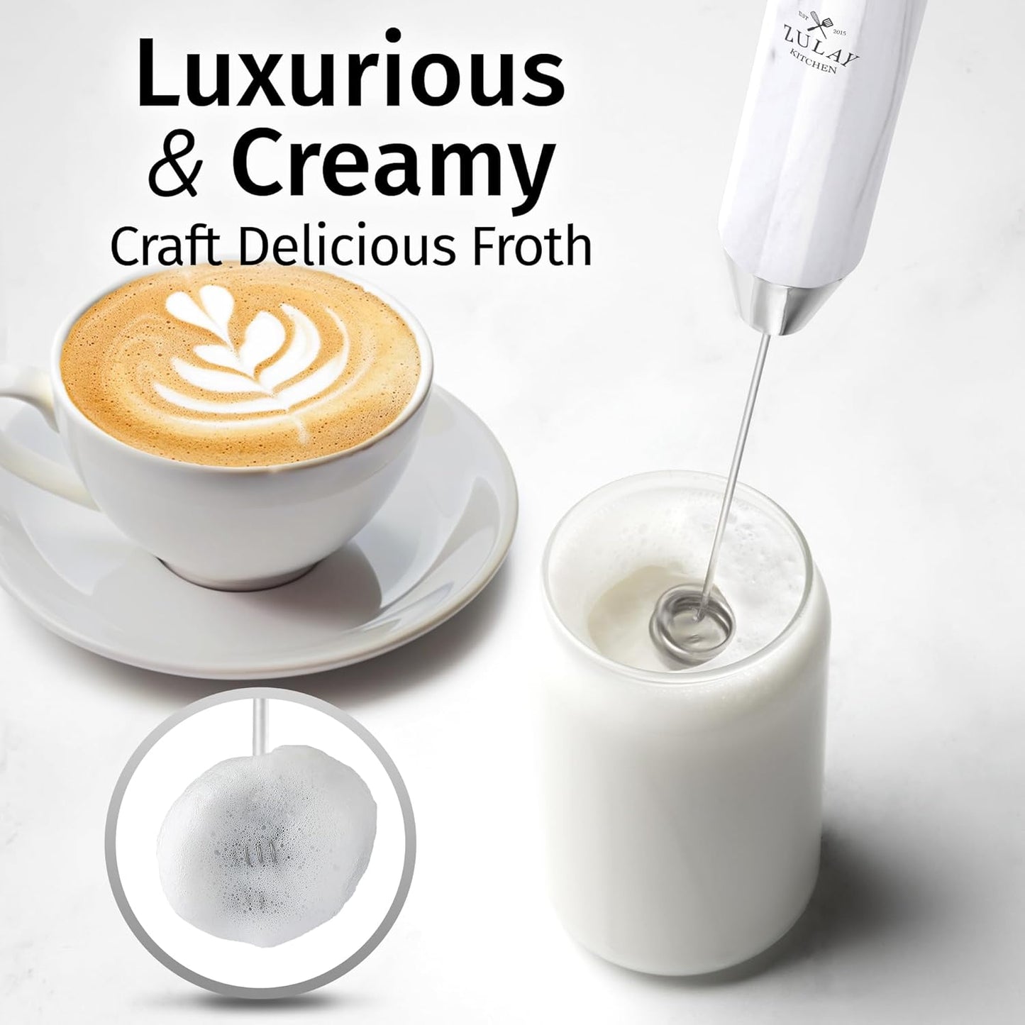 Zulay Kitchen Rechargeable Milk Frother - Powerful 2-Speed Motor, Waterproof, 2000mAh Battery | White Marble Drink Mixer for Lattes, Cappuccinos & Matcha