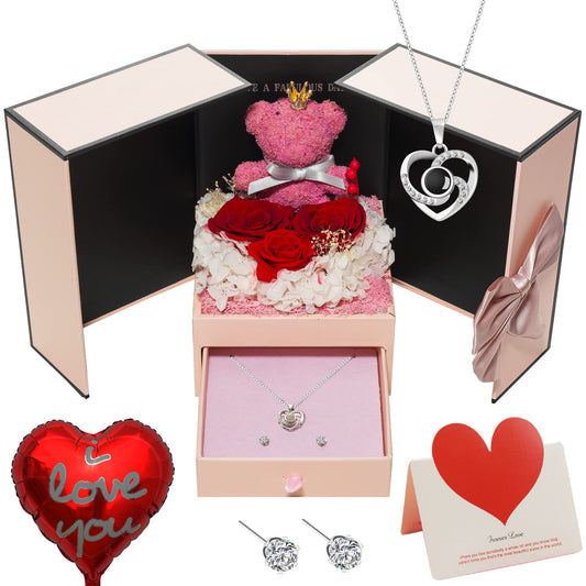 Onory Preserved Rose Bear Gifts Set Includes Necklace with Heart-Shaped I Love You in 100 Languages for Mom Women Wife Mother's Day Valentine's Day Birthday