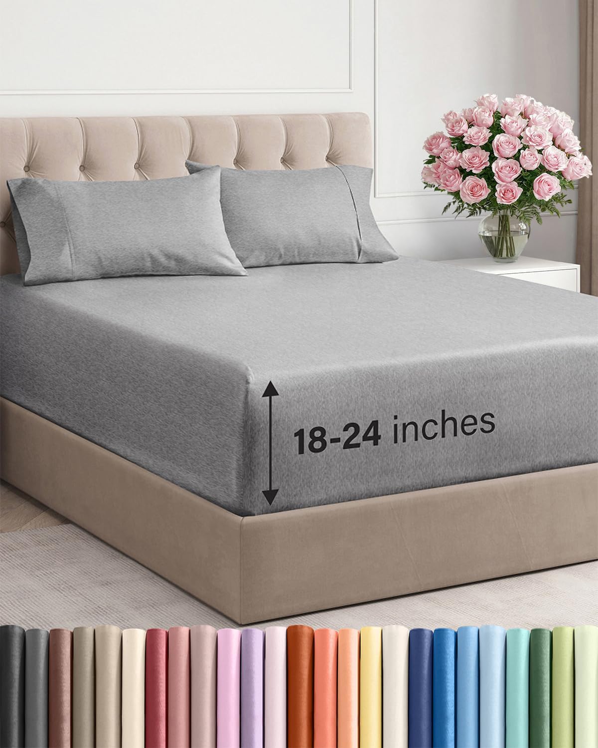 Skiennix Extra Deep Twin Sheet Set | 4-Piece Breathable Cooling Sheets - Hotel Luxury Bedding - Soft, Wrinkle-Free, Heathered Grey