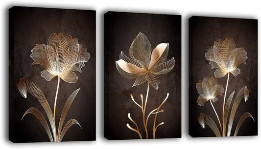 arteWOODS Abstract Wall Art Golden Flowers Canvas Pictures Contemporary Minimalism Abstract Artwork for Bedroom Bathroom Living Room Wall Decor 16" x 24" x 3 Pieces