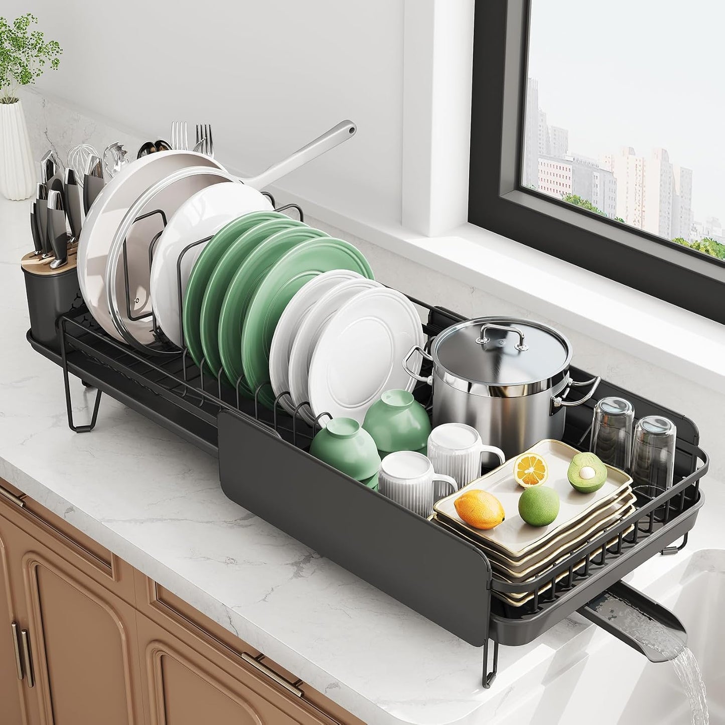SNTD Large Dish Drying Rack - Expandable Stainless Steel Kitchen Dish Drainer (19.3" to 29.4", Black)