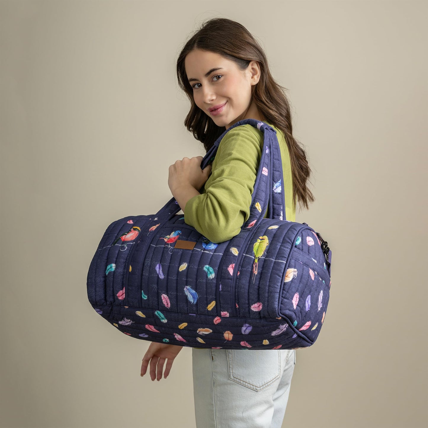 Maison d' Hermine Weekend Duffel Bags for Women Cotton Quilted Overnight Luggage Weekend Bag for Men Gym Sports Gifts Travel Business Travellers Trip Mothers Day Gifts -Birdies on Wire - Navy
