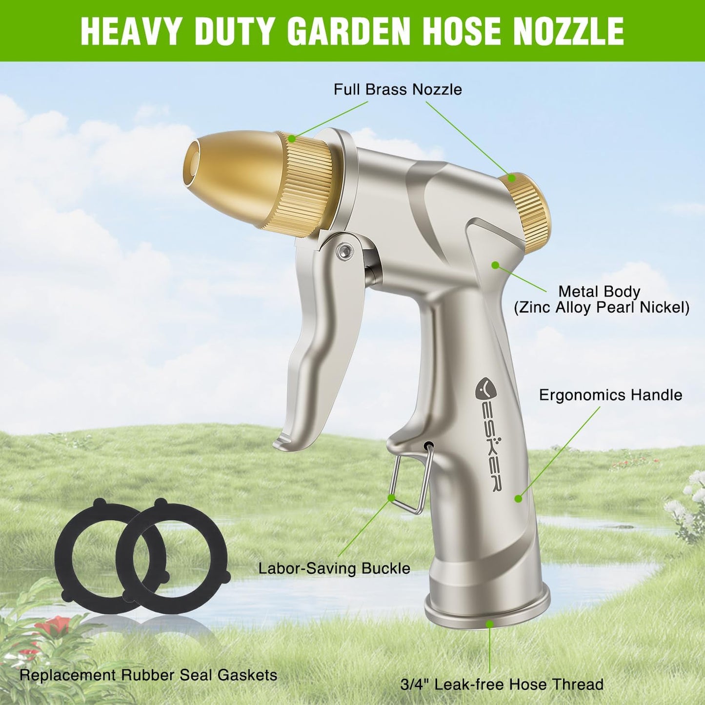 Yesker Garden Hose Nozzle - Heavy Duty 100% Metal Brass Sprayer with 4 Adjustable Spray Patterns for Outdoor Use