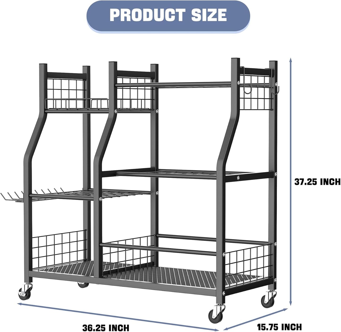 WALMANN Garden Tool Organizer - Rolling Cart with Large Storage for Rakes, Shovels & Yard Tools