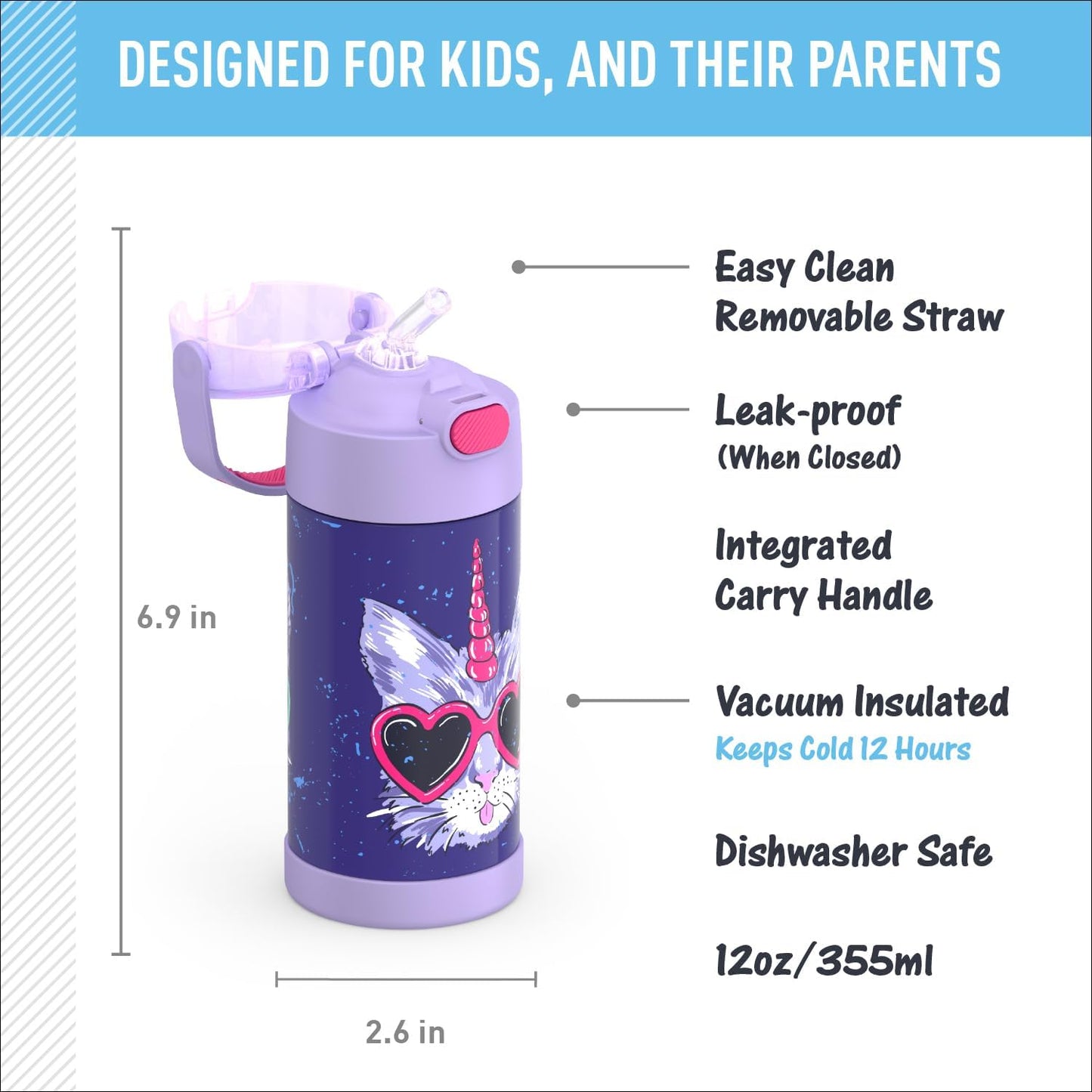 THERMOS FUNTAINER Water Bottle - 12 Ounce Kids Stainless Steel Insulated Bottle with Straw | Cool Caticorns Design