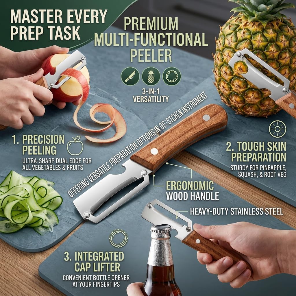 Skiennix Multi-Functional Vegetable Peeler - Ergonomic Stainless Steel Blade & Bottle Opener, Dishwasher Safe