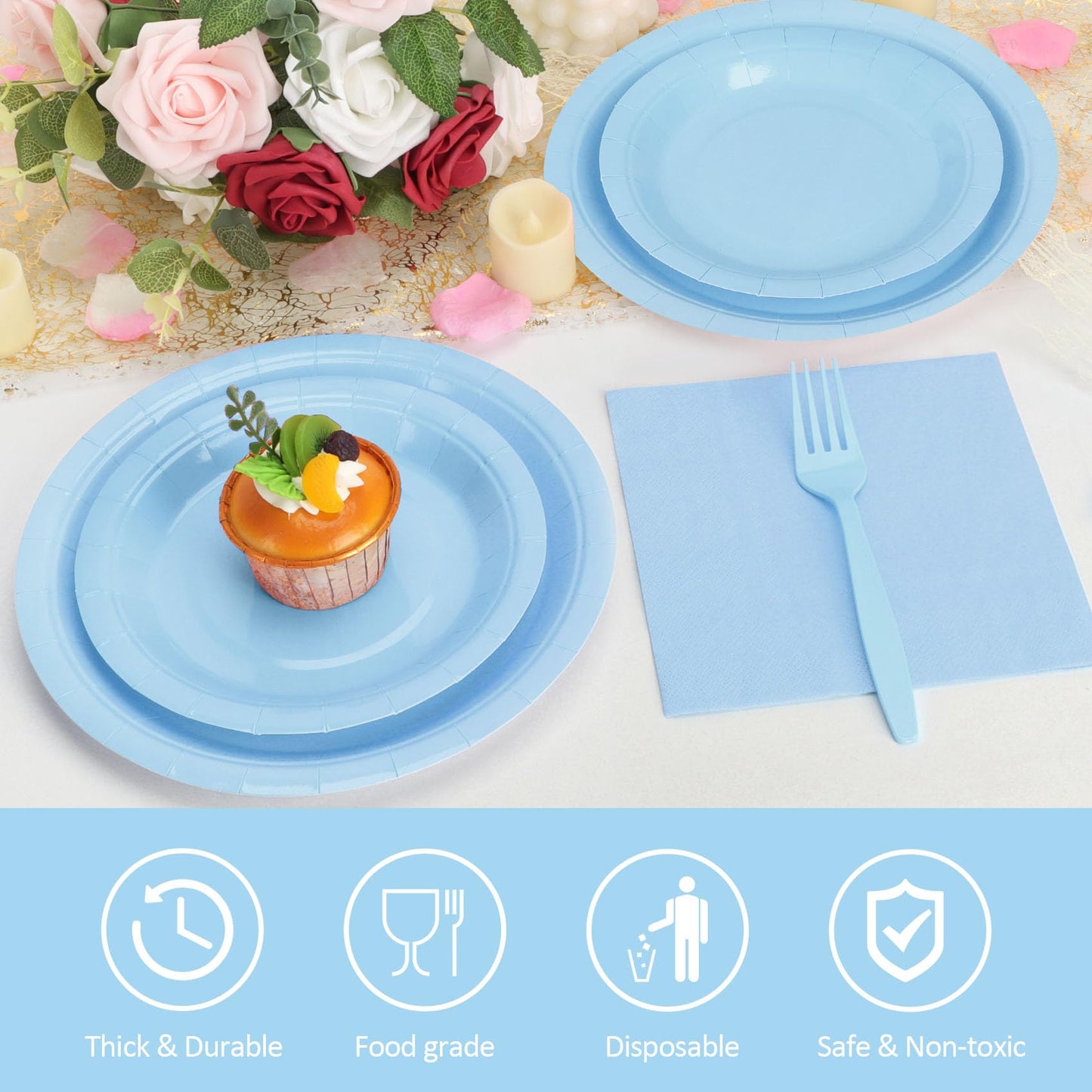 CENLBJ Light Blue Paper Plates and Napkins Party Supplies, Include 9’’Disposable Blue Plate, 7’’Dessert Plates Cups Napkins Forks for Baby Shower, Wedding, Birthday Decorations, Serves 25