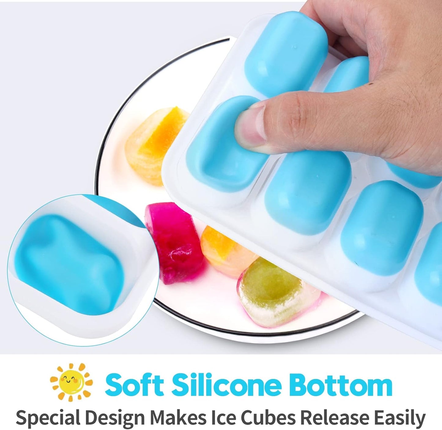 Silicone Ice Cube Tray - 8 Pack Easy-Release Flexible Trays with Spill-Resistant Lid | Stackable Freezer Ice Trays (4 Blue + 4 Green)