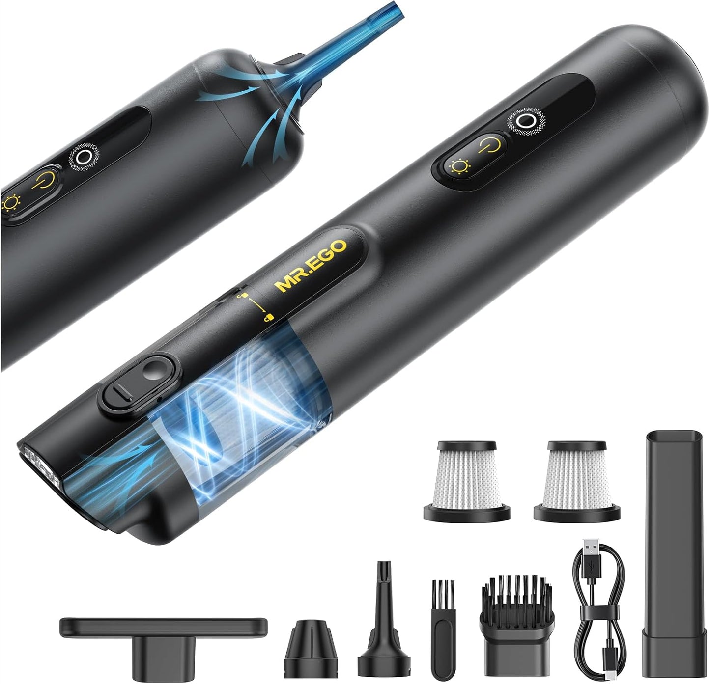 Mr.ego Handheld Car Vacuum - Portable 4-in-1 Mini Vacuum with 18500Pa Suction | Black with Green LED Light