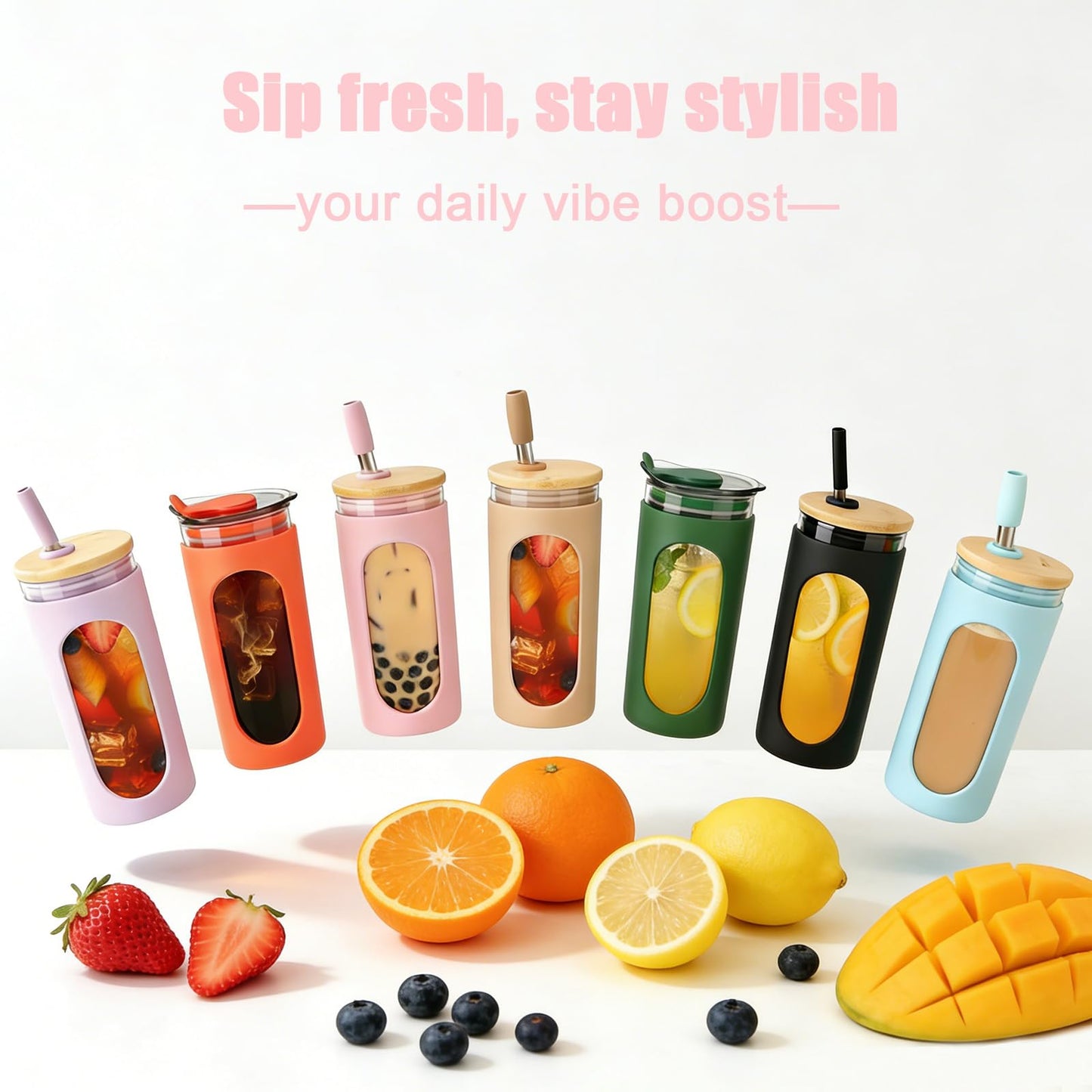 Sursip 20 oz Glass Tumbler with Lids and Straws, Reusable Borosilicate Glass Iced Coffee Cup with Bamboo Lid for Smoothie Boba Juice,Travel BPA-Free - Pink
