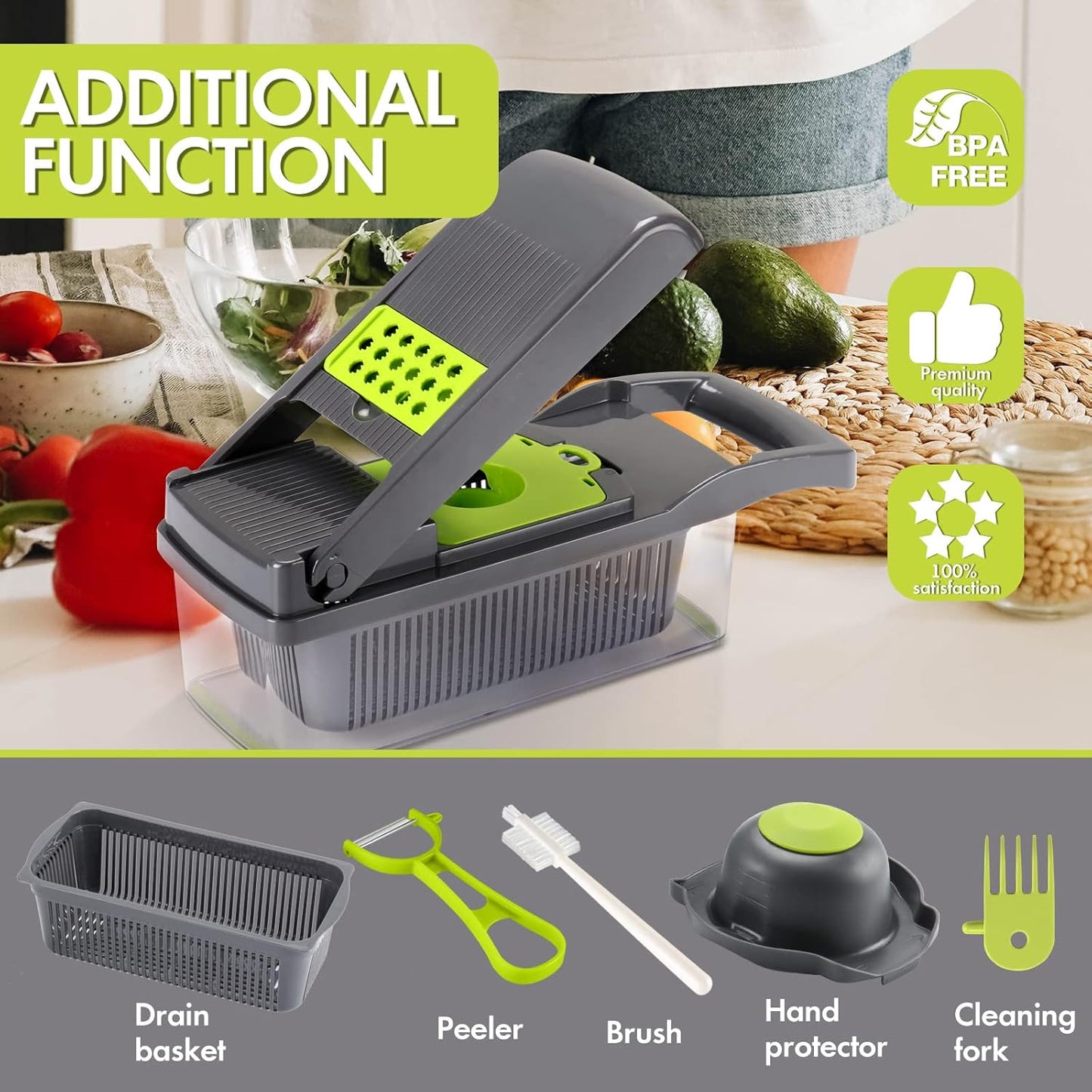 Ourokhome Vegetable Chopper - 12-in-1 Professional Mandoline Slicer with 8 Blades & Strainer Basket - Gray