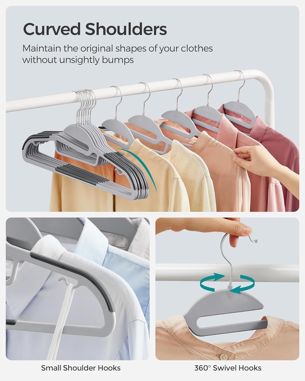 SONGMICS Heavy-Duty Plastic Coat Hangers - Space-Saving Design with 360º Swivel Hook | 50 Pack in Light & Dark Gray