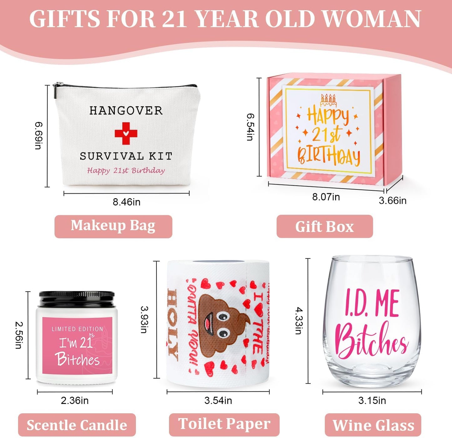 Skiennix 21st Birthday Gifts for Her | Unique & Funny 21-Year-Old Gift Set - Wine Glass, Candle & Makeup Bag