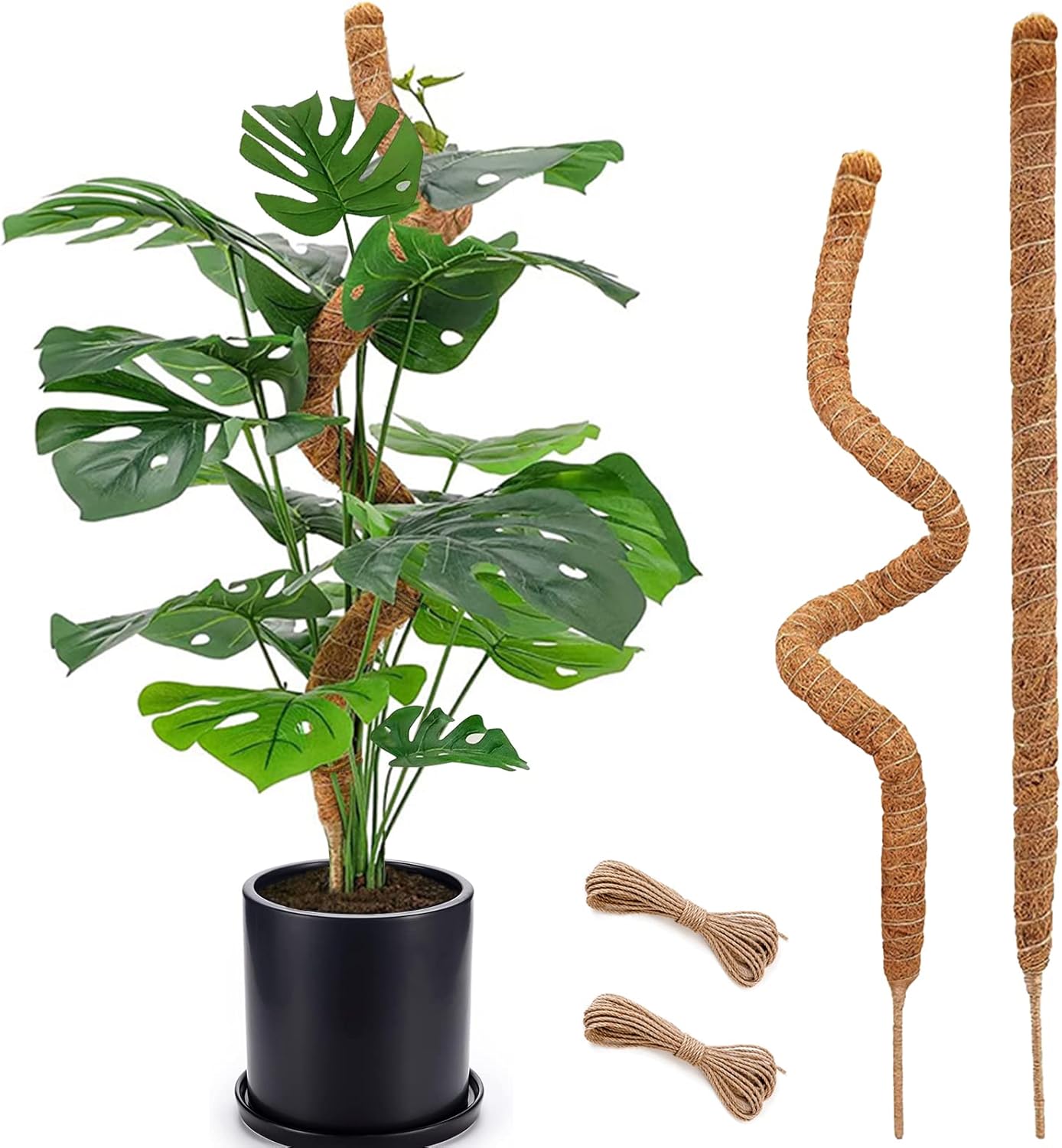 Soupiar 28" Bendable Moss Pole - Rust-Free Aluminum Core Plant Support Stakes for Monstera | 2-Pack with 13.2ft Jute Rope