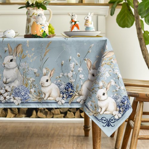 Horaldaily Easter Tablecloth 60×84 Inch Rectangular, Blue Easter Bunny Flowers Washable Seasonal Table Cover for Party Picnic Dinner Decor