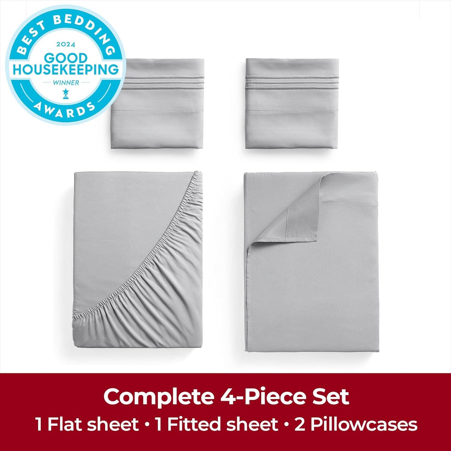 Mellanni King Sheets - Ultra Soft, Cooling 4-Piece Bedding Set - Luxury, Wrinkle & Stain Resistant (Light Gray)
