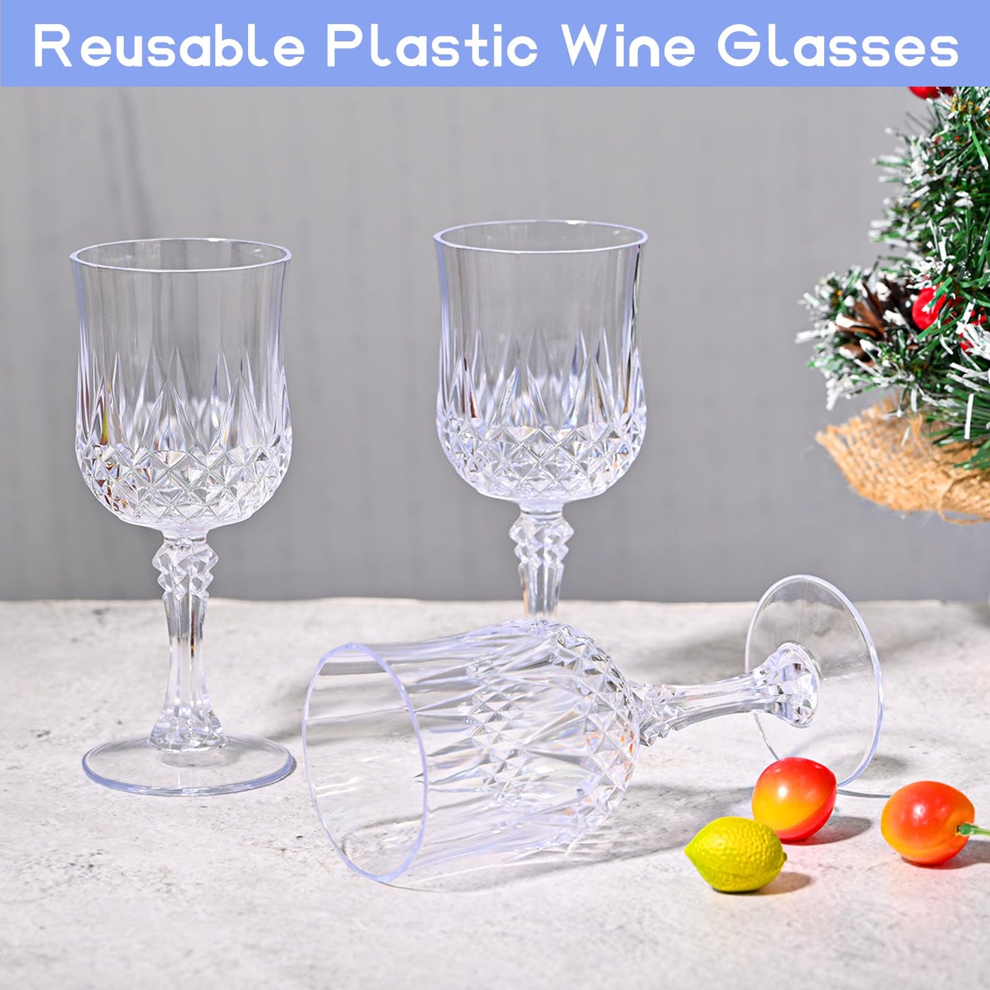 24 Pcs Clear Plastic Wine Glasses, Plastic Goblets for Parties, Vintage Wine Glasses Bulk, Reusable Drinking Glass, Drinkware Cups for Wedding Party Reception Event Supplies