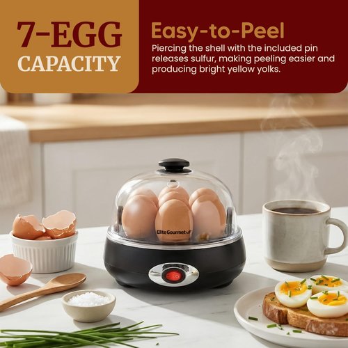 Elite Gourmet Rapid Egg Cooker - Prepare 7 Easy-To-Peel Eggs, Poach & Make Omelets | Charcoal Grey
