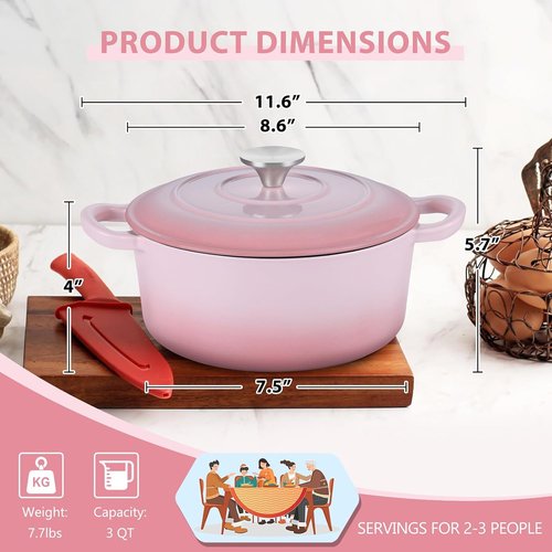 E-far 3 Qt Enameled Cast Iron Dutch Oven - Heavy Duty Nonstick Pot for Baking & Roasting - Pink