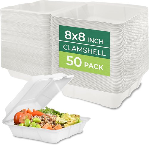 Freshware Compostable Clamshell Food Containers - Biodegradable Sugarcane To Go Boxes | 50-Pack, Heavy Duty, Microwave & Freezer Safe