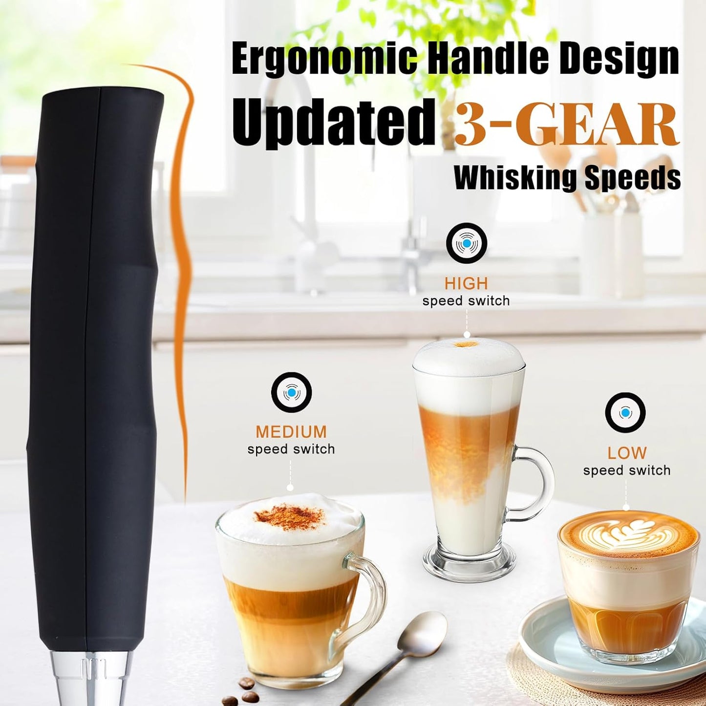 Nahida Black Milk Frother Wand - Handheld Electric Whisk Mixer with 3 Heads & 3 Speeds for Lattes, Cappuccinos & Hot Chocolate