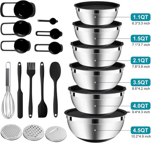 20-Piece Stainless Steel Mixing Bowls Set by [Brand Name] - Airtight Lids, Non-Slip Silicone Bottoms | Perfect for Baking & Serving