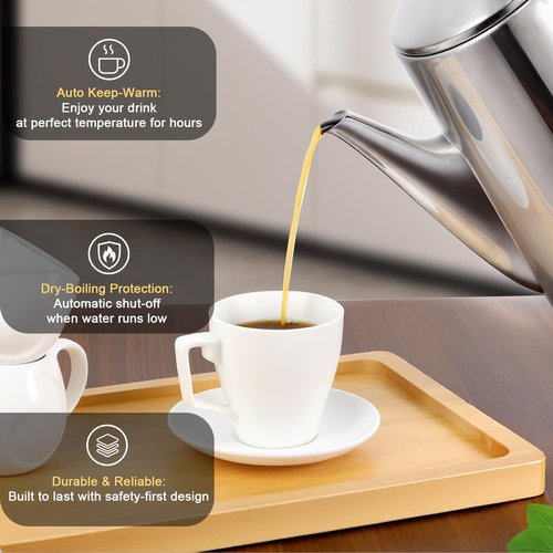Electric coffee maker, 12-cup capacity, stainless steel construction, automatic heating with boil-dry protection, heat-resistant handle design, 360° swivel base, transparent brewing indicator.