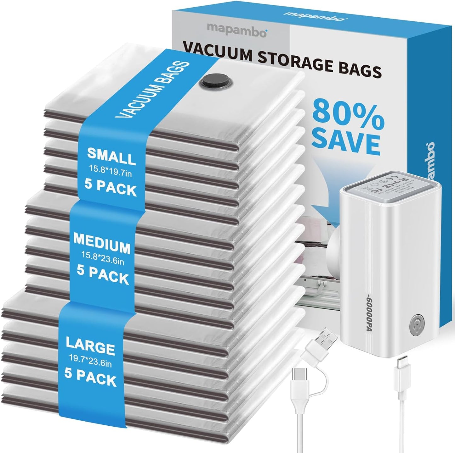 Mapambo Vacuum Storage Bags - 15 Pack Vacuum Seal Bags with USB Pump | Save 80% Luggage Space, 3 Sizes