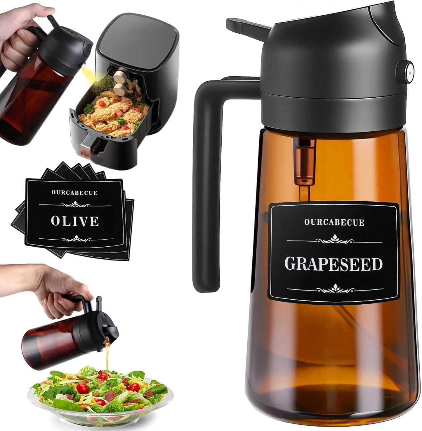 OURCABECUE Olive Oil Sprayer - 2 in 1 Cooking Dispenser Bottle, 16oz Food-Grade Glass with Stickers