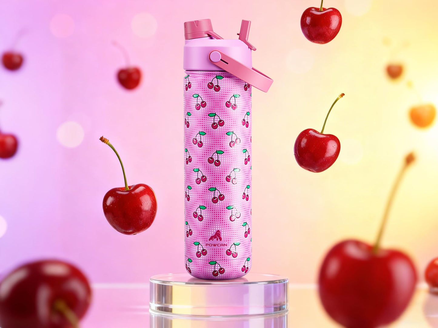 POWCAN 26 oz Insulated Water Bottle with 2-in-1 Straw and Spout Lid, Keep Cold 24H, Leak-Proof, Fits in Car Cup Holder, Stainless Steel Water Bottle for Sports, Travel, Gift and School (Cherry Pop)