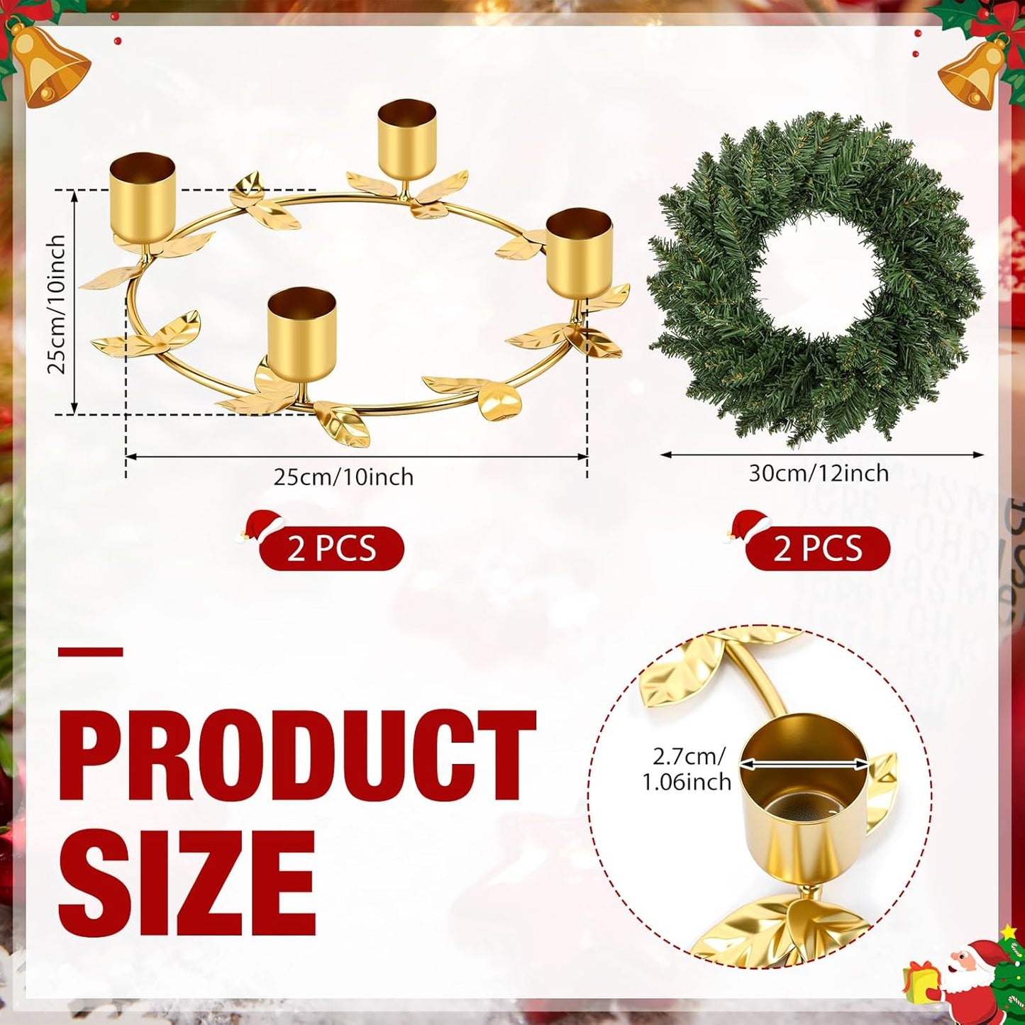 Norfolk Pine | 2 Pcs Christmas Advent Wreath Candle Holder Set - Gold Ring Design for Festive Table Centerpiece