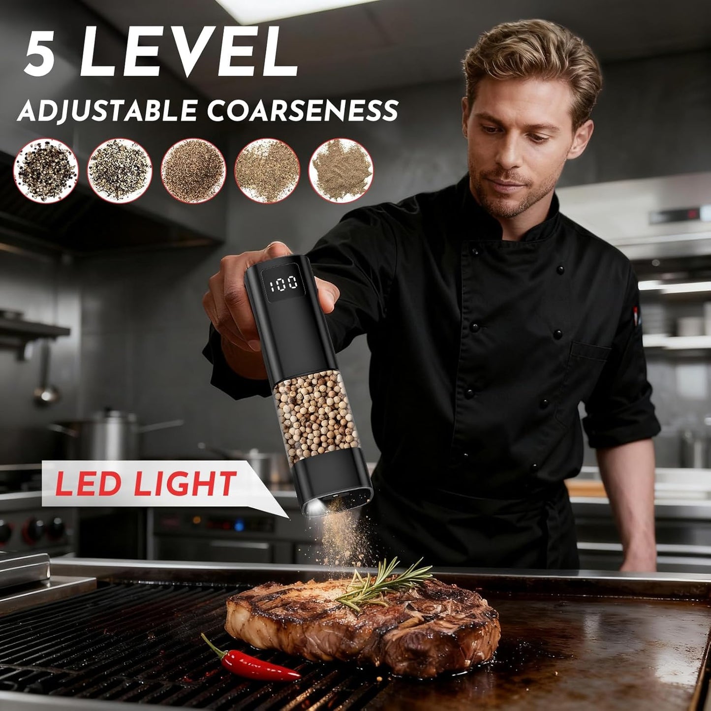 Skiennix Electric Salt and Pepper Grinder Set - Rechargeable with Digital Display & Adjustable Coarseness