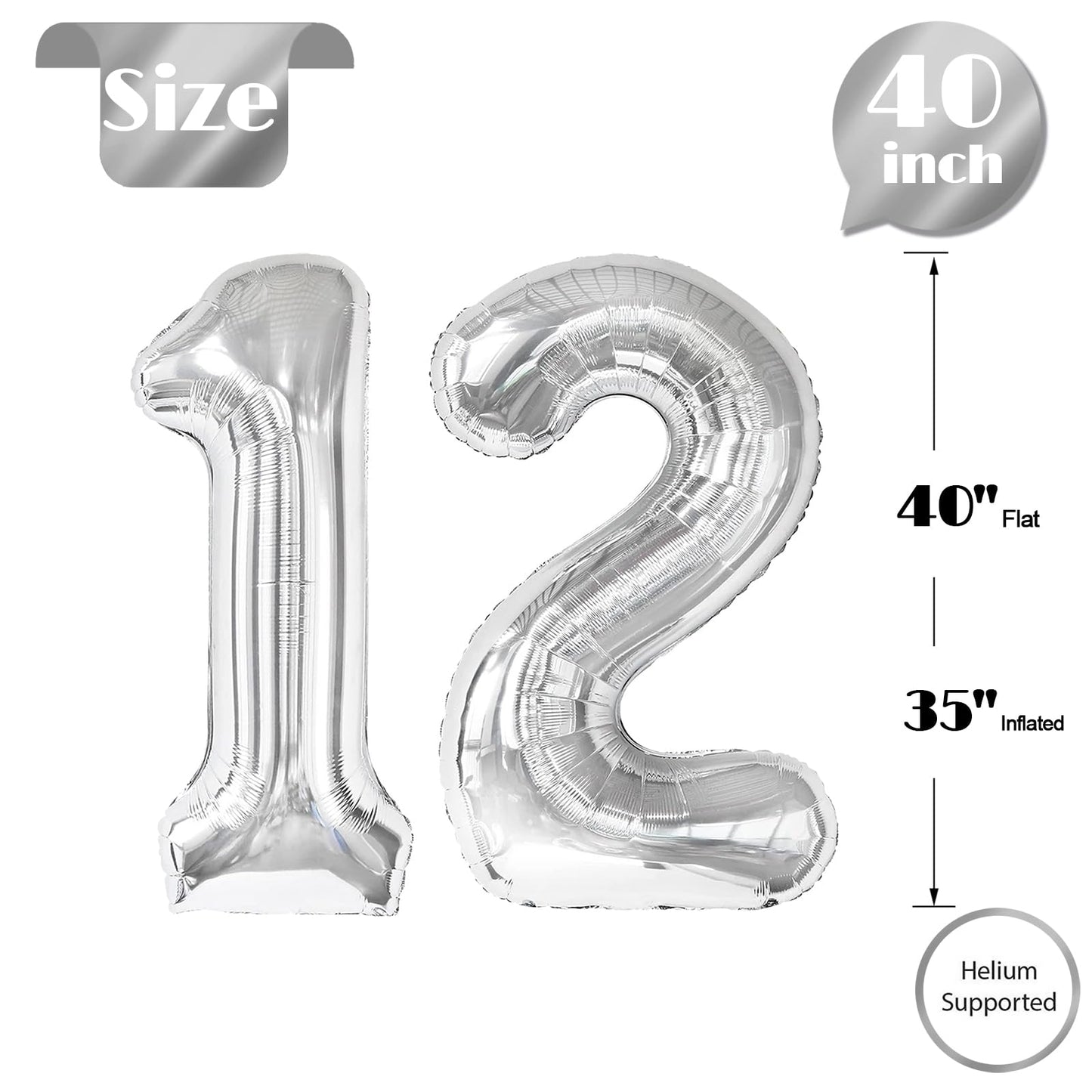 Silver Number 12 Balloon 40 inch, 12 Number Balloons, 12th Silver Birthday Decorations for Girls Boys Kids, 12 Year Old Silver Party Supplies