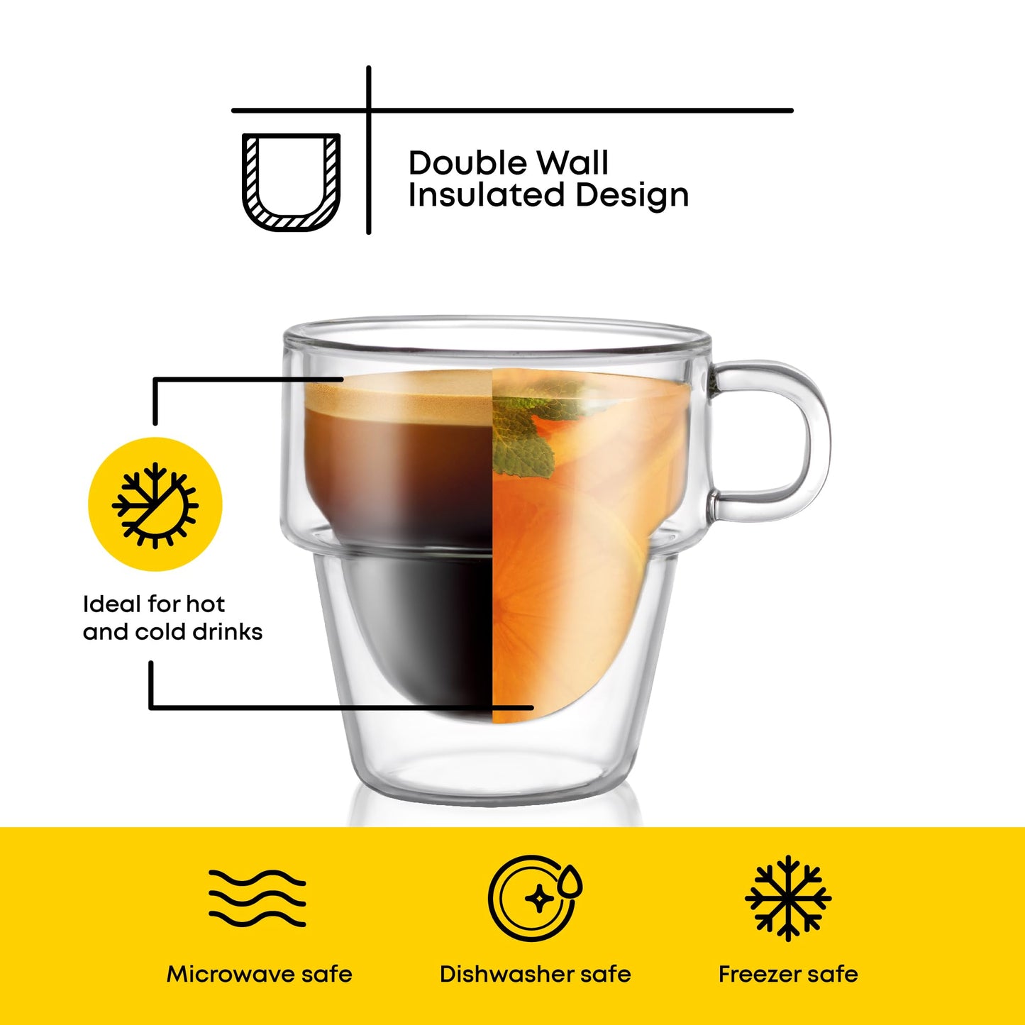 JoyJolt Stoiva Double Wall Insulated Espresso Glass Cups – 5 oz. (150 ml) Shot Cup with Handle – Stackable Thermal Clear Glass Cups, Fit for Espresso Machine and Coffee Maker – Set of 4