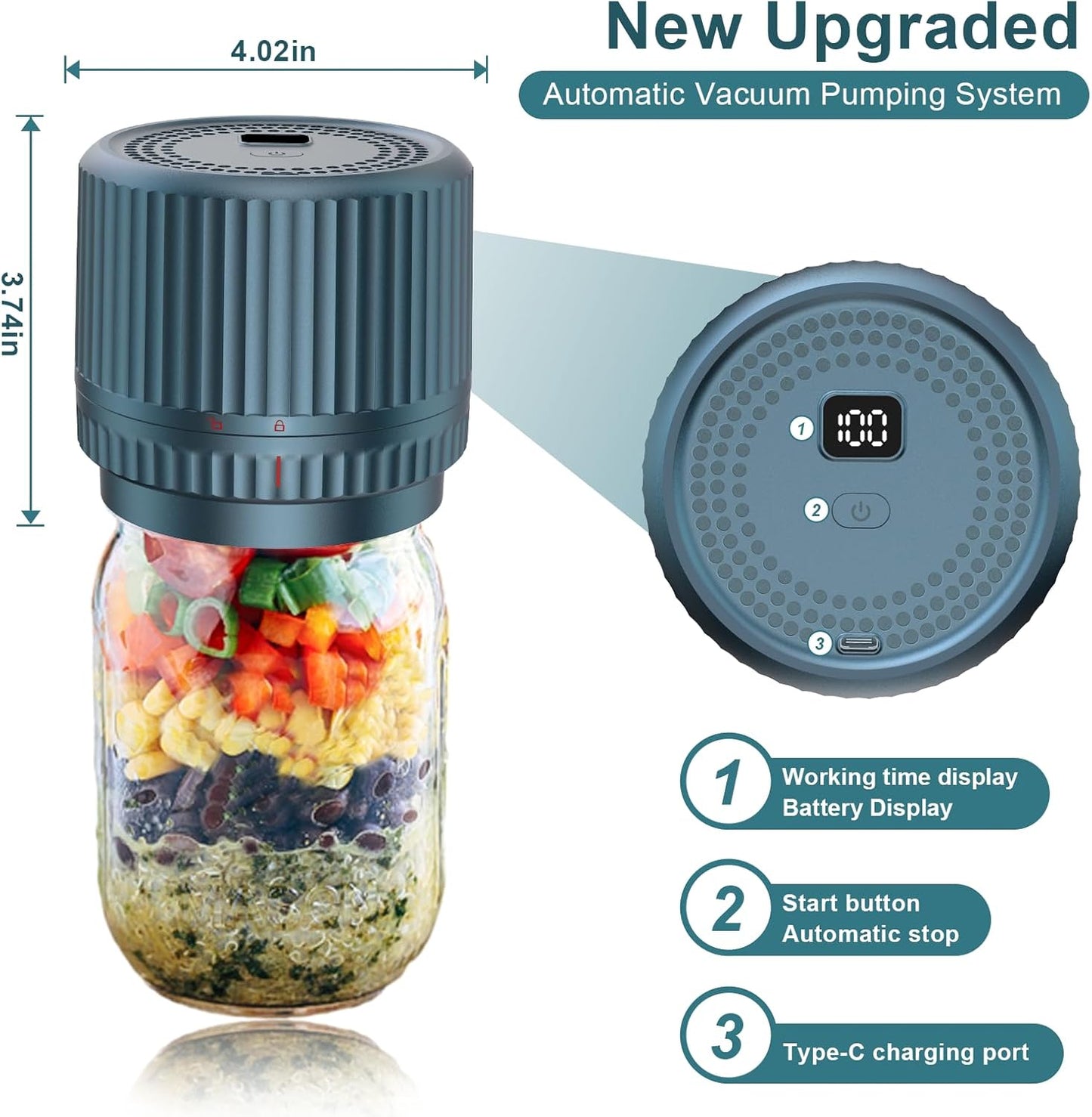 M12 Auto Stop Vacuum Sealer | Smart Mason Jar Sealer with 2500mAh Battery - Portable & Versatile