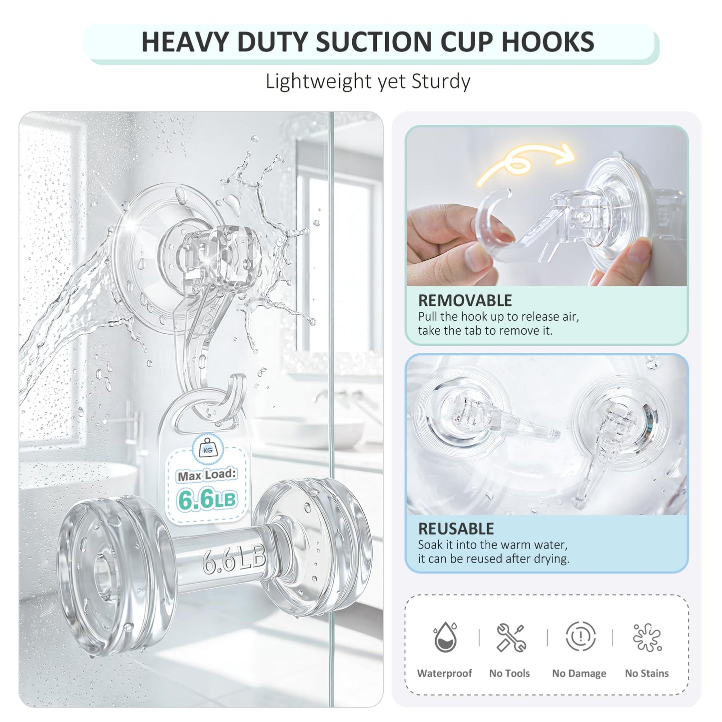 VIS'V Suction Cup Hooks, Small Shower Suction Hooks, Heavy Duty, Removable and Reusable, Clear, 2 Pcs