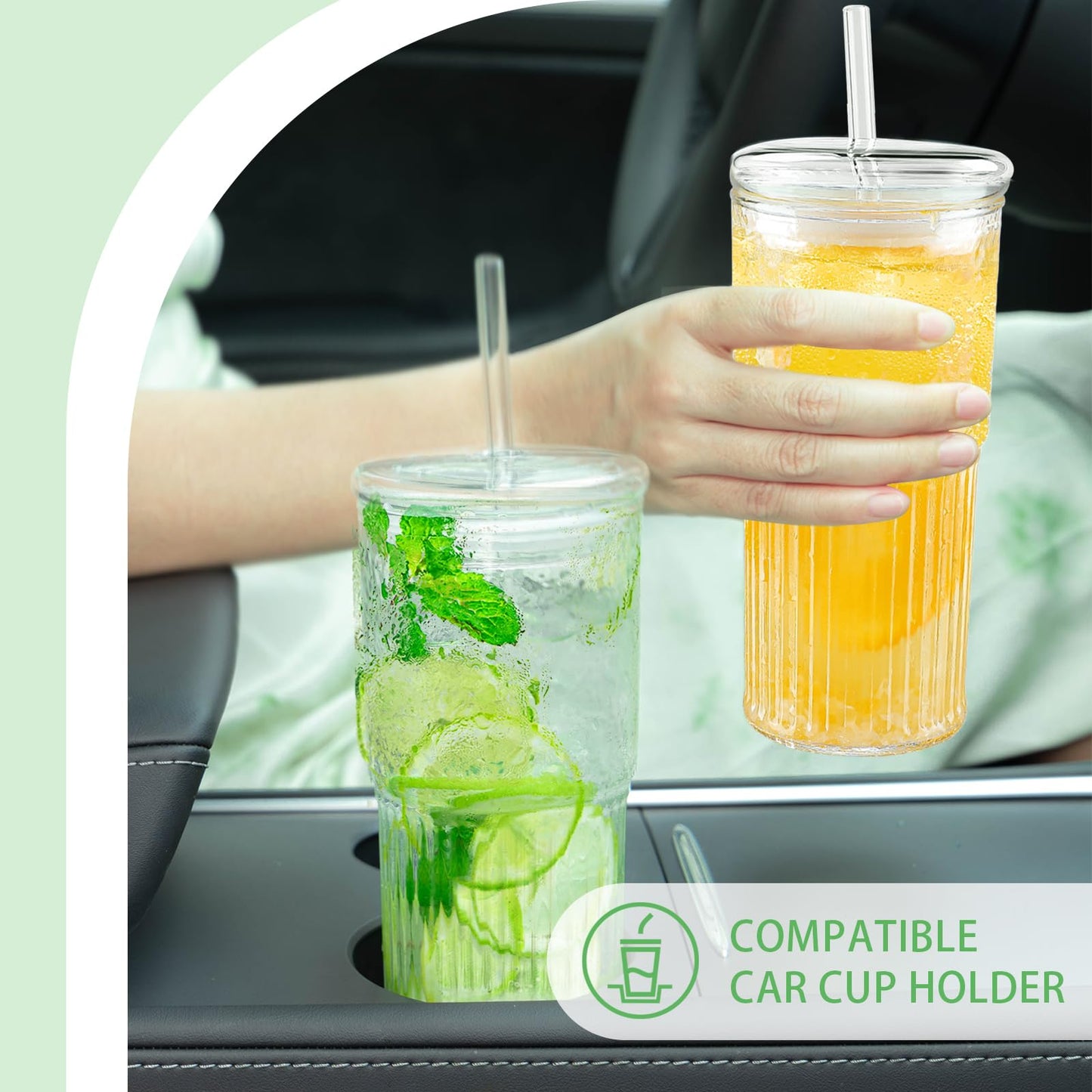 Luiaiog Glass Cups with Lids and Glass Straws, High Borosilicate 20OZ Tumblers (2Pcs) for Coffee, Tea, Juice, Smoothies, Hot/Cold Drinks at Home, Office（Creative Drink Label Design）