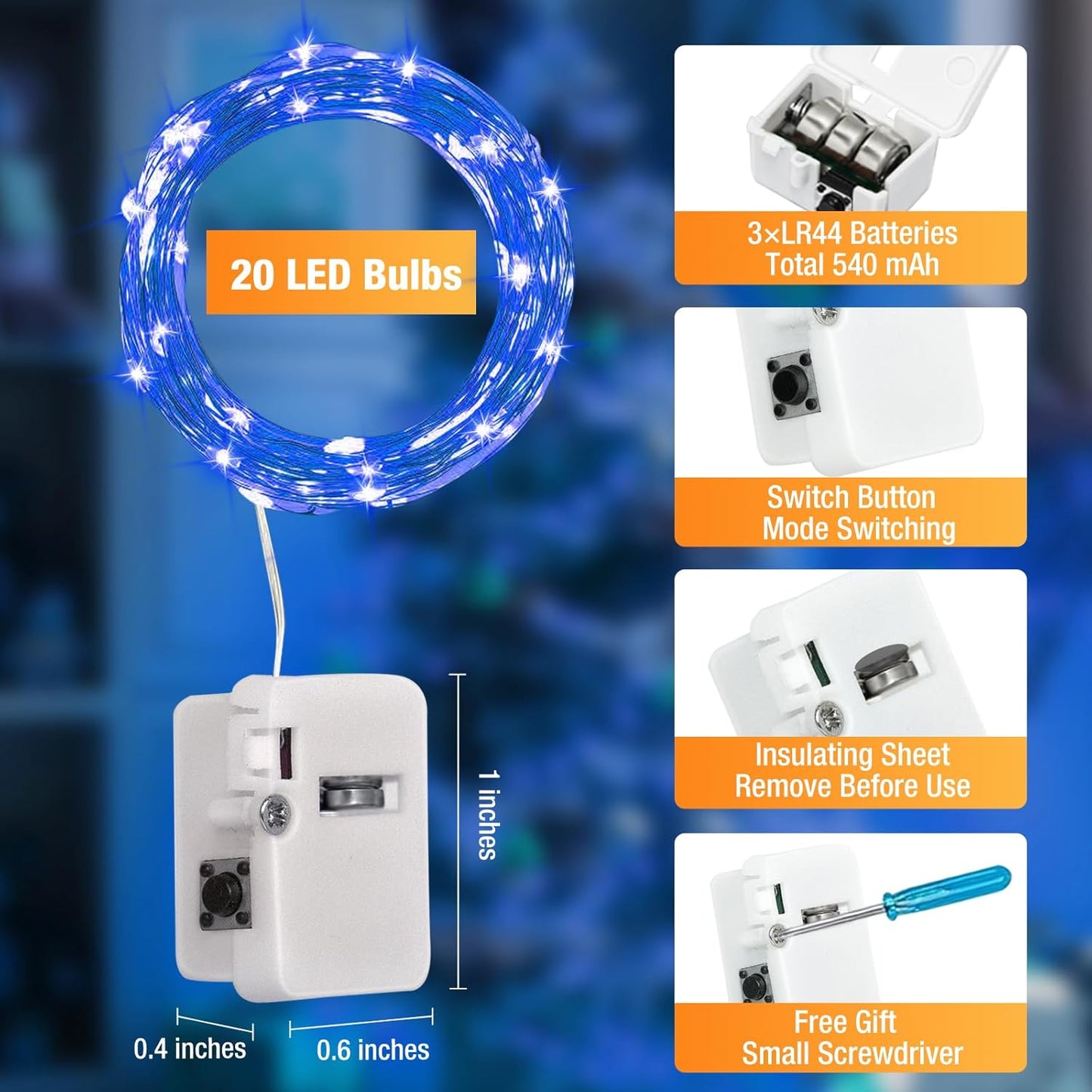 Skiennix 6 Pack Fairy Lights - 7ft Battery Operated 20 LED Twinkle Lights | Waterproof Mini String Lights for DIY Party & Wedding Decor - Blue