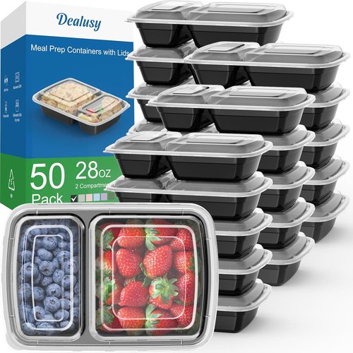 Dealusy 28 oz Meal Prep Containers - 50 Pack, Sturdy Leakproof & Reusable with Lids | 2-Compartment Design, Black