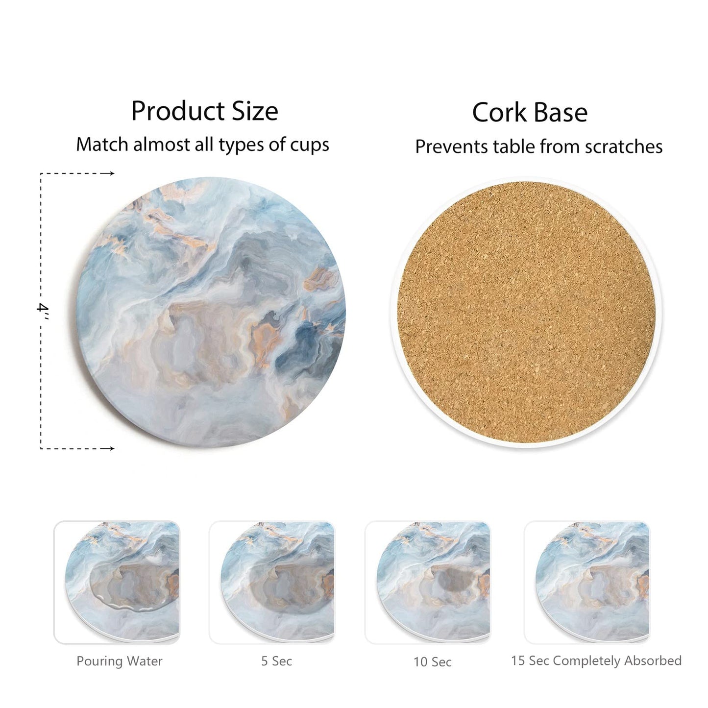 Hoomey Set of 6 Abstract Blue Marble Coasters with Holder, Absorbent Ceramic Coasters for Drinks, Coasters with Cork Backing for Table Protection, Housewarming Gifts for New Home