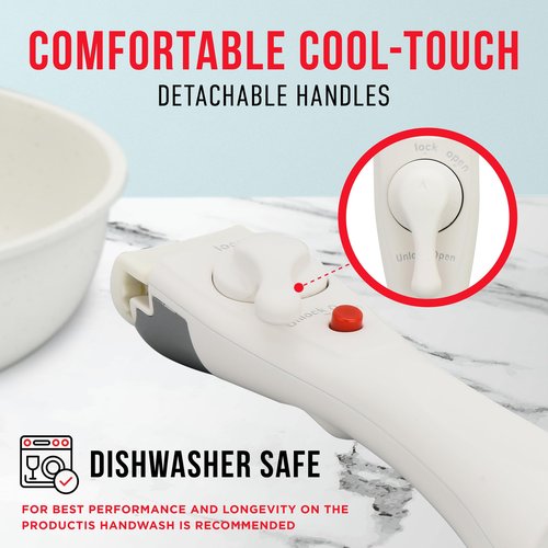 Bakken 15-Piece Non-Stick Cookware Set with Detachable Handles – Granite Stackable Pots and Pans Set, Dishwasher Safe, Oven-Safe, and Compatible Kitchen Essential for All Stoves – Cream