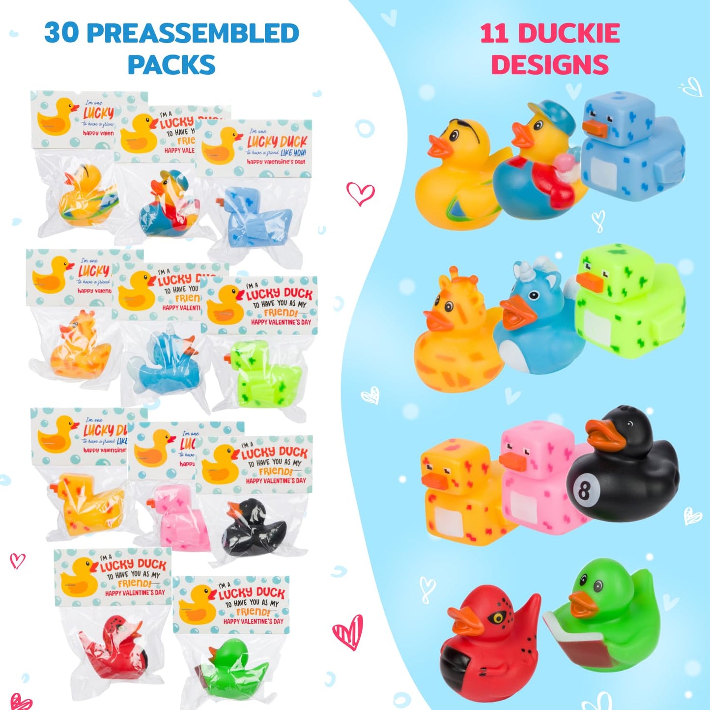 Funeta 30 Exchange-Ready Rubber Ducks and Valentine's Day Cards for Kids' School Classroom - Gifts for Kids Class Exchange - Carded Classroom Valentine Party Favors