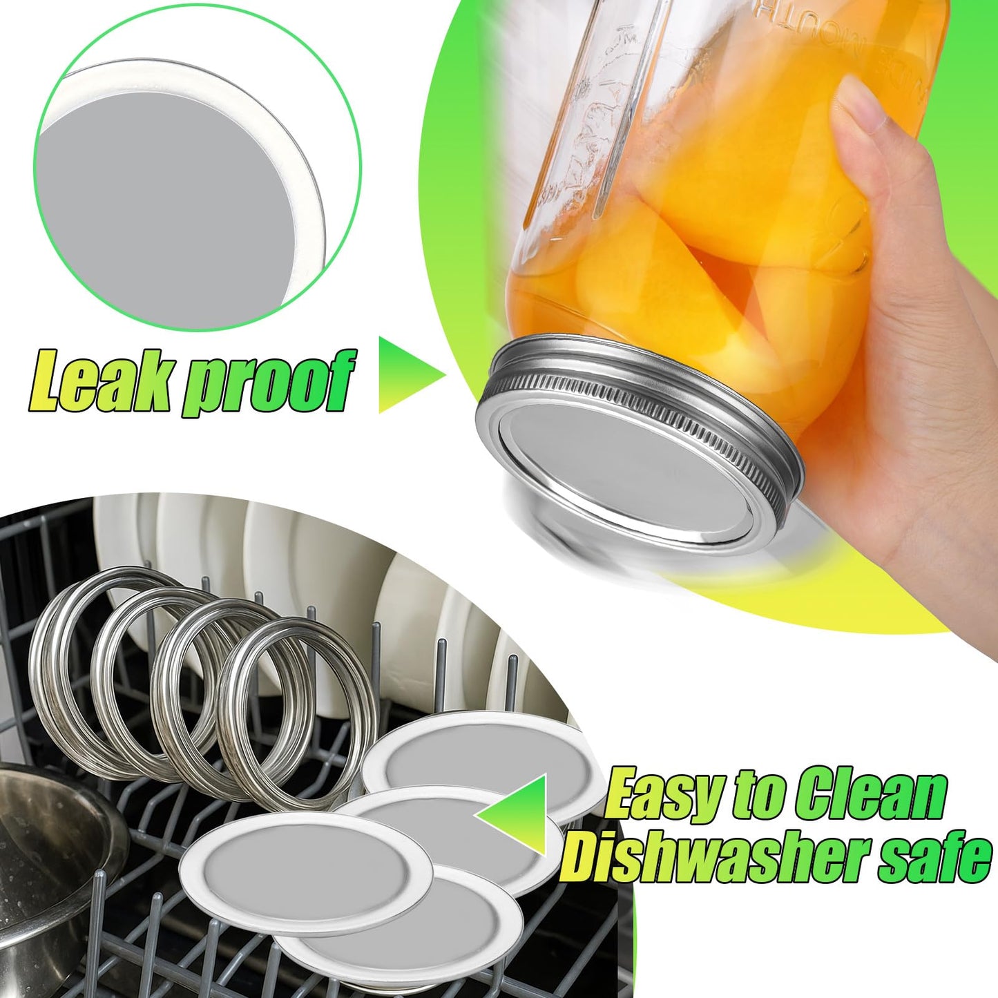 Palksky Stainless Steel Regular Mouth Canning Lids and Rings, Airtight/Rustproof Mason Jar Lids with Bands Set of 4
