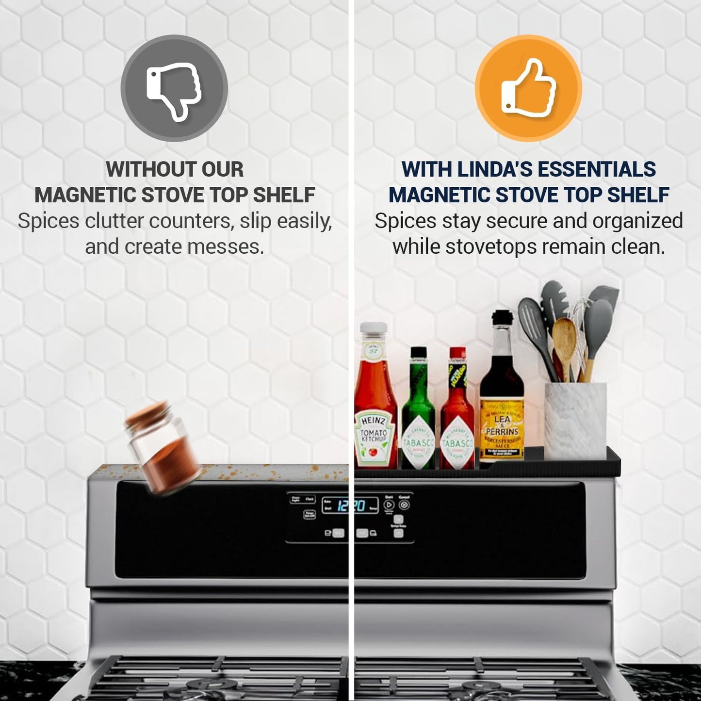 Silicone Magnetic Over The Stove Shelf - Versatile Spice Rack with 6 Extra Plates | Black