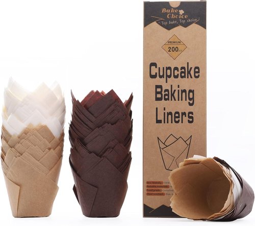 Bake Choice Nordic Paper 200pcs Tulip Cupcake Liners for Baking Cups EU Parchment paper Standard Size Tulip Muffin Liners, Cupcake Wrapper, Brown, White, Unbleached Natural for Party, Christmas
